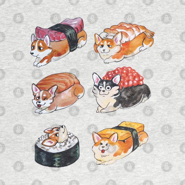 Sushi Corgi Watercolor by huebucket